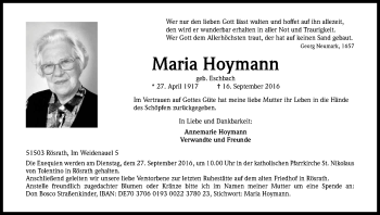 Anzeige von Maria Hoymann von Kölner Stadt-Anzeiger / Kölnische Rundschau / Express