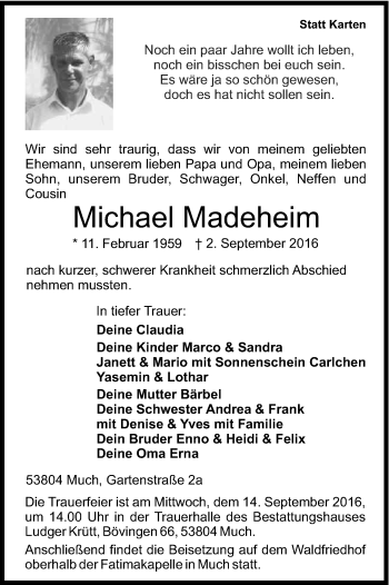 Anzeige von Michael Madeheim von Kölner Stadt-Anzeiger / Kölnische Rundschau / Express