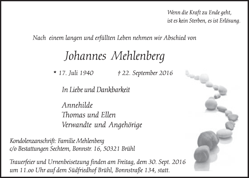  Traueranzeige für Johannes Mehlenberg vom 28.09.2016 aus  Schlossbote/Werbekurier 