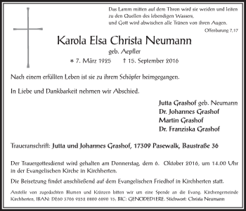 Anzeige von Karola Elsa Christa Neumann von  Werbepost 