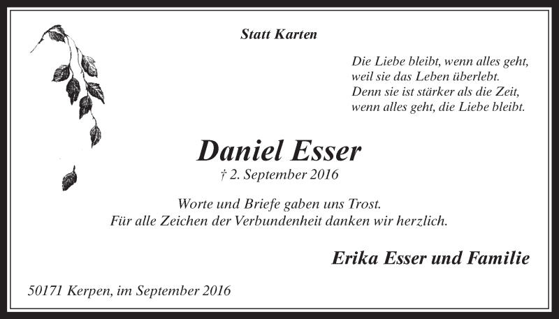  Traueranzeige für Daniel Esser vom 28.09.2016 aus  Werbepost 