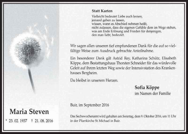  Traueranzeige für Maria Steven vom 01.10.2016 aus  Sonntags-Post 