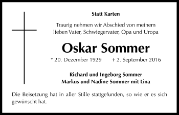Anzeige von Oskar Sommer von Kölner Stadt-Anzeiger / Kölnische Rundschau / Express