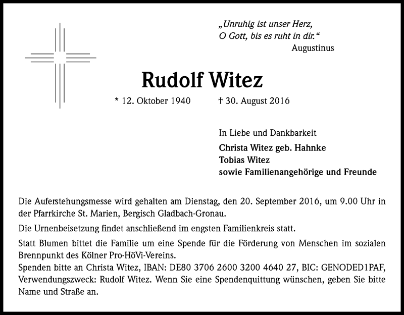  Traueranzeige für Rudolf Witez vom 14.09.2016 aus Kölner Stadt-Anzeiger / Kölnische Rundschau / Express