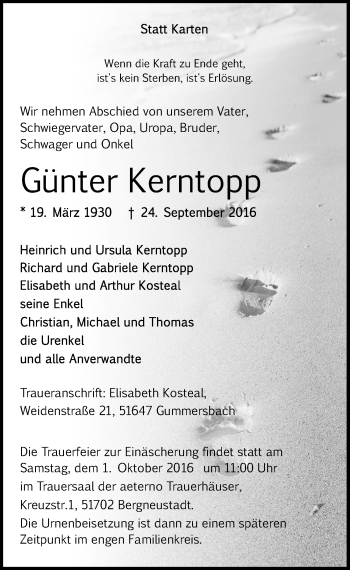 Anzeige von Günter Kerntopp von  Anzeigen Echo 