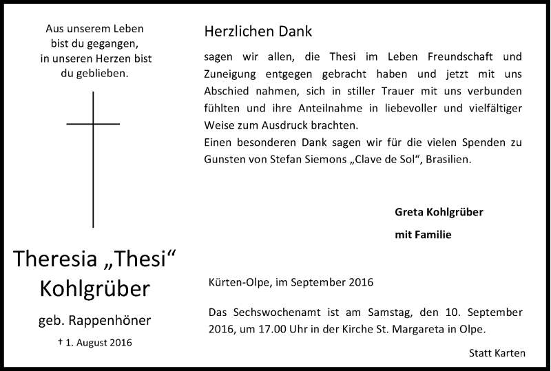  Traueranzeige für Theresia Kohlgrüber vom 08.09.2016 aus Kölner Stadt-Anzeiger / Kölnische Rundschau / Express