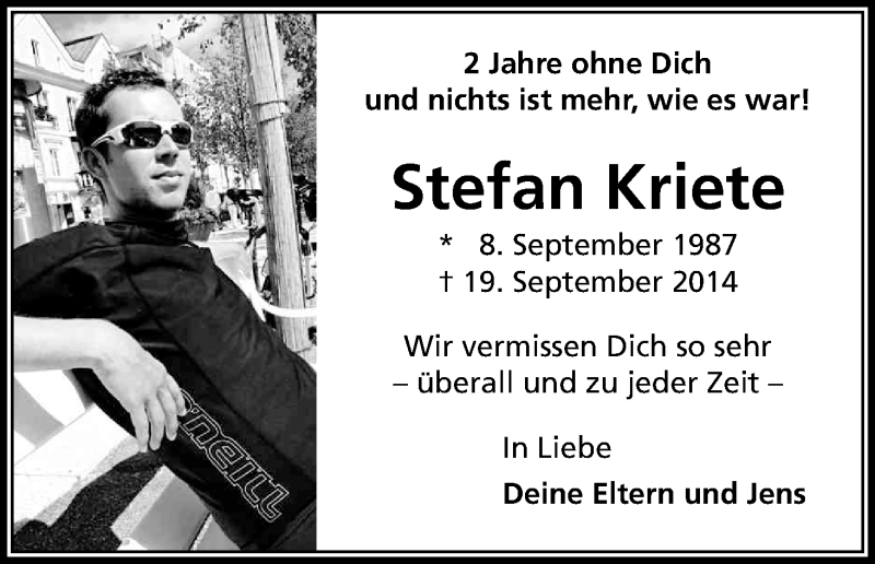  Traueranzeige für Stefan Kriete vom 19.09.2016 aus Kölner Stadt-Anzeiger / Kölnische Rundschau / Express