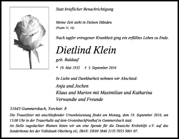 Anzeige von Dietlind Klein von Kölner Stadt-Anzeiger / Kölnische Rundschau / Express
