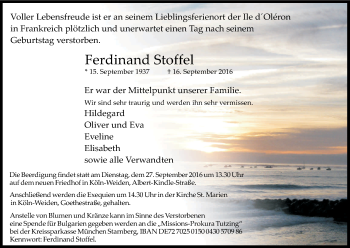 Anzeige von Ferdinand Stoffel von Kölner Stadt-Anzeiger / Kölnische Rundschau / Express