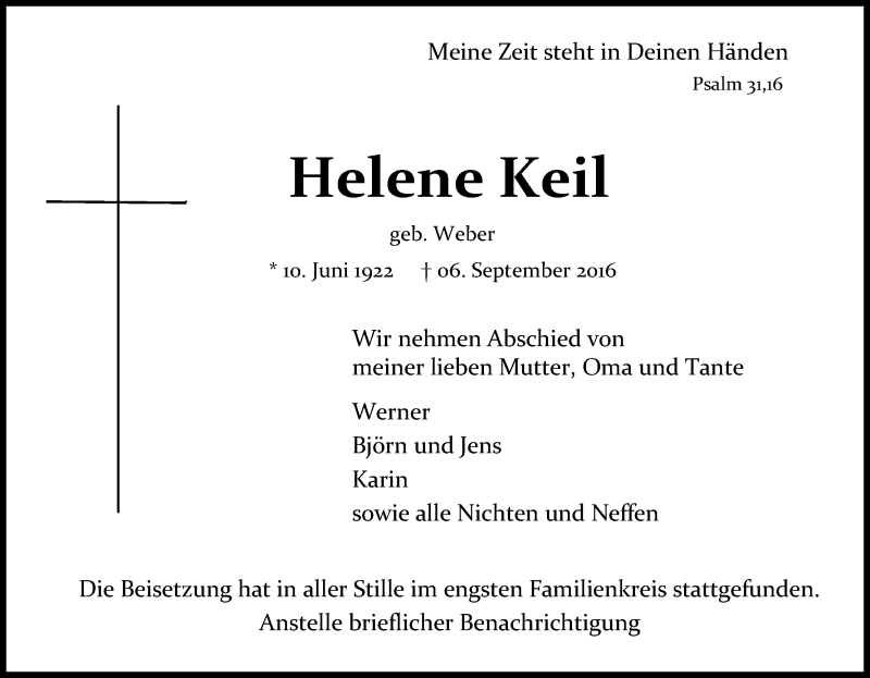  Traueranzeige für Helene Keil vom 16.09.2016 aus Kölner Stadt-Anzeiger / Kölnische Rundschau / Express