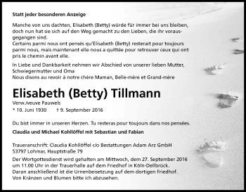 Anzeige von Elisabeth Tillmann von Kölner Stadt-Anzeiger / Kölnische Rundschau / Express