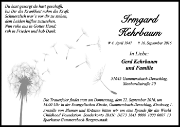 Anzeige von Irmgard Kehrbaum von Kölner Stadt-Anzeiger / Kölnische Rundschau / Express