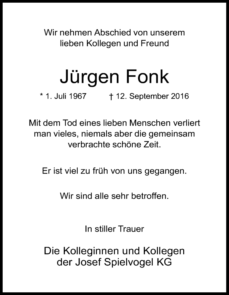  Traueranzeige für Jürgen Fonk vom 17.09.2016 aus Kölner Stadt-Anzeiger / Kölnische Rundschau / Express