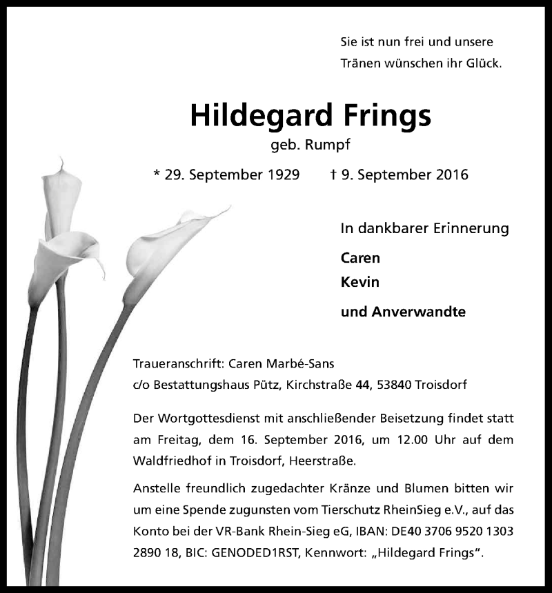  Traueranzeige für Hildegard Frings vom 14.09.2016 aus Kölner Stadt-Anzeiger / Kölnische Rundschau / Express