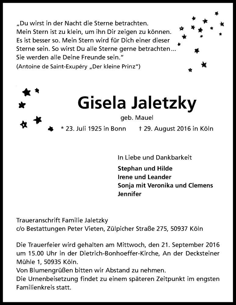  Traueranzeige für Gisela Jaletzky vom 10.09.2016 aus Kölner Stadt-Anzeiger / Kölnische Rundschau / Express
