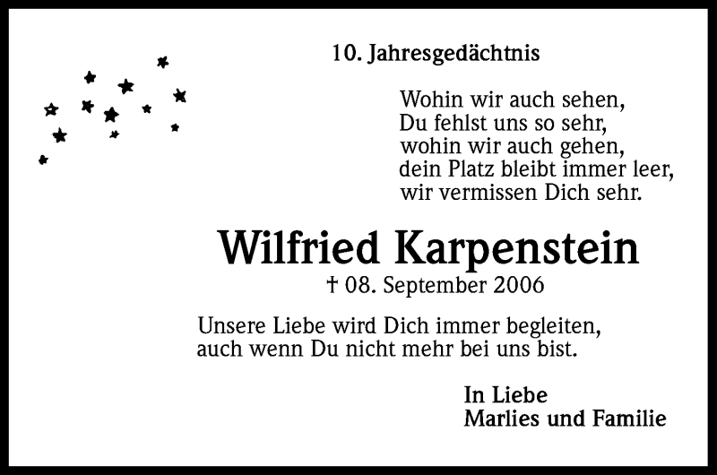  Traueranzeige für Wilfried Karpenstein vom 08.09.2016 aus Kölner Stadt-Anzeiger / Kölnische Rundschau / Express