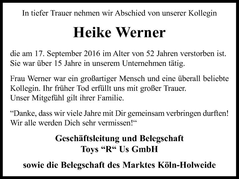  Traueranzeige für Heike Werner vom 01.10.2016 aus Kölner Stadt-Anzeiger / Kölnische Rundschau / Express