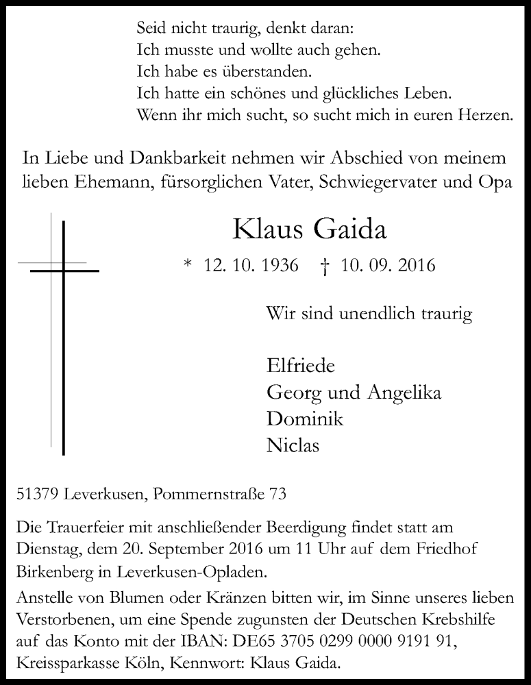  Traueranzeige für Klaus Gaida vom 17.09.2016 aus Kölner Stadt-Anzeiger / Kölnische Rundschau / Express