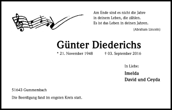 Anzeige von Günter Diederichs von Kölner Stadt-Anzeiger / Kölnische Rundschau / Express