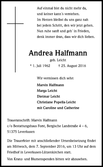 Anzeige von Andrea Halfmann von Kölner Stadt-Anzeiger / Kölnische Rundschau / Express