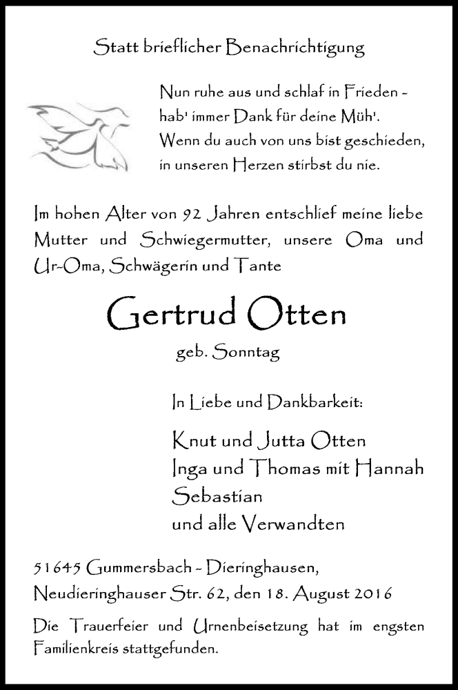  Traueranzeige für Gertrud Otten vom 09.09.2016 aus Kölner Stadt-Anzeiger / Kölnische Rundschau / Express