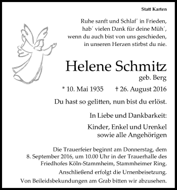 Anzeige von Helene Schmitz von Kölner Stadt-Anzeiger / Kölnische Rundschau / Express