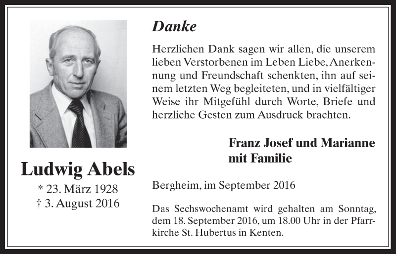  Traueranzeige für Ludwig  Abels vom 14.09.2016 aus  Werbepost 