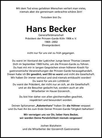 Anzeige von Hans Becker von Kölner Stadt-Anzeiger / Kölnische Rundschau / Express