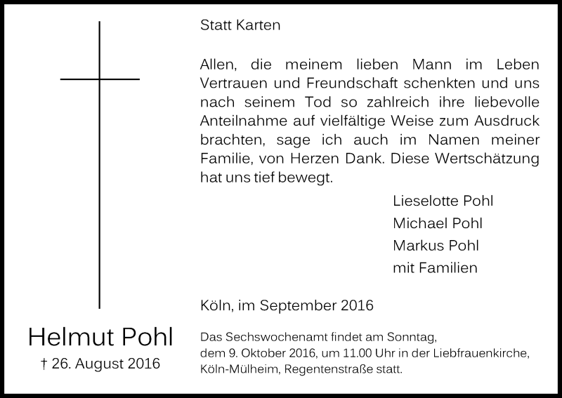  Traueranzeige für Helmut Pohl vom 28.09.2016 aus Kölner Stadt-Anzeiger / Kölnische Rundschau / Express