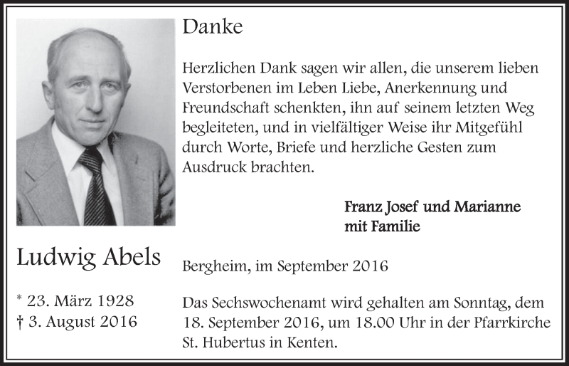 Traueranzeige für Ludwig  Abels vom 10.09.2016 aus  Sonntags-Post 