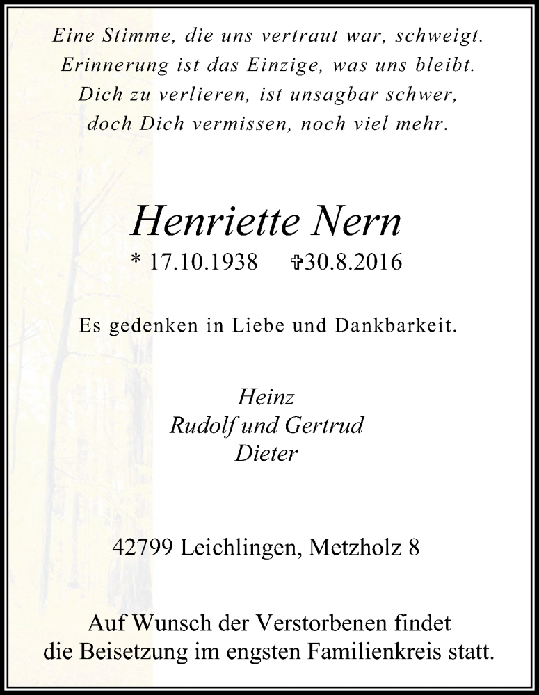  Traueranzeige für Henriette Nern vom 03.09.2016 aus Kölner Stadt-Anzeiger / Kölnische Rundschau / Express