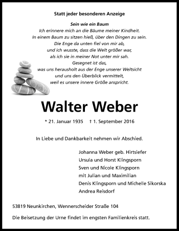 Anzeige von Walter Weber von Kölner Stadt-Anzeiger / Kölnische Rundschau / Express