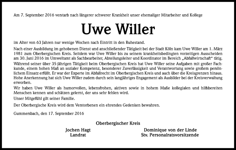 Traueranzeige für Uwe Willer vom 17.09.2016 aus Kölner Stadt-Anzeiger / Kölnische Rundschau / Express