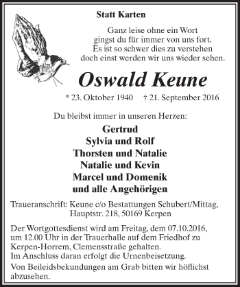 Anzeige von Oswald Keune von  Sonntags-Post 