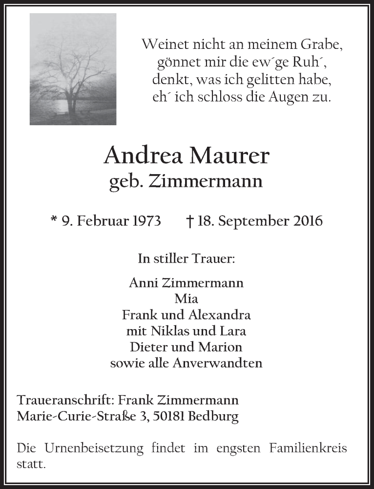  Traueranzeige für Andrea Maurer vom 28.09.2016 aus  Werbepost 