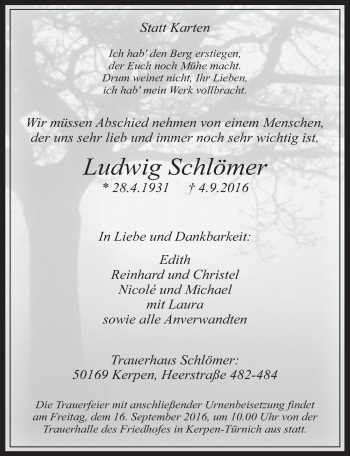 Anzeige von Ludwig Schlömer von  Werbepost 