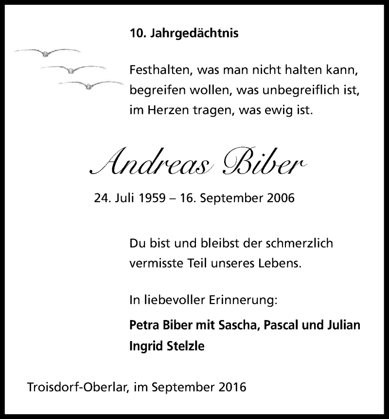  Traueranzeige für Andreas Biber vom 17.09.2016 aus Kölner Stadt-Anzeiger / Kölnische Rundschau / Express