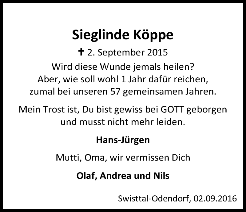  Traueranzeige für Sieglinde Köppe vom 03.09.2016 aus Kölner Stadt-Anzeiger / Kölnische Rundschau / Express