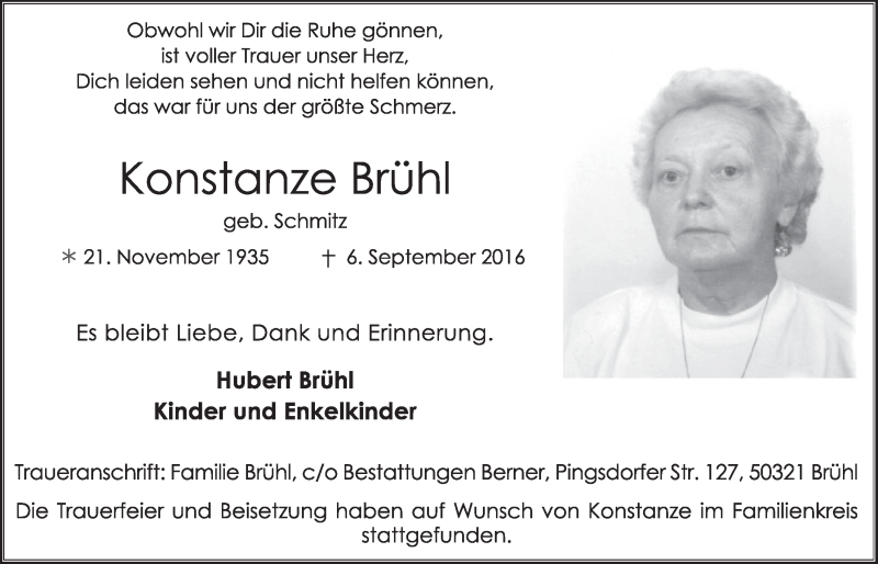  Traueranzeige für Konstanze Brühl vom 14.09.2016 aus  Schlossbote/Werbekurier 