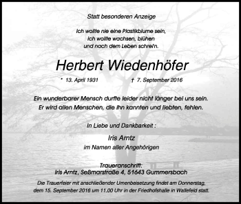 Anzeige von Herbert Wiedenhöfer von Kölner Stadt-Anzeiger / Kölnische Rundschau / Express