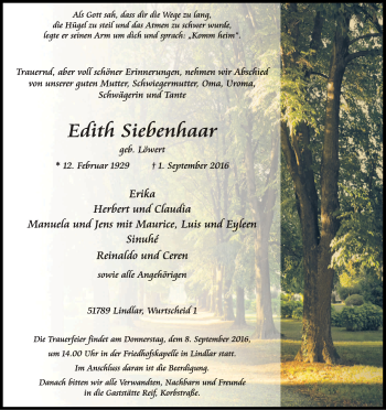 Anzeige von Edith Siebenhaar von Kölner Stadt-Anzeiger / Kölnische Rundschau / Express
