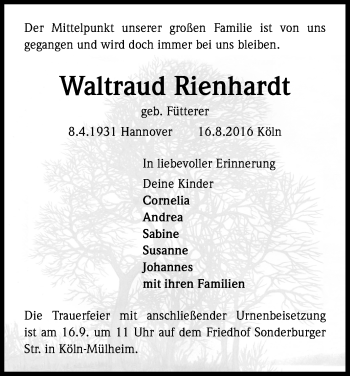 Anzeige von Waltraud Rienhardt von Kölner Stadt-Anzeiger / Kölnische Rundschau / Express