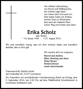 Anzeige von Erika Scholz von Kölner Stadt-Anzeiger / Kölnische Rundschau / Express