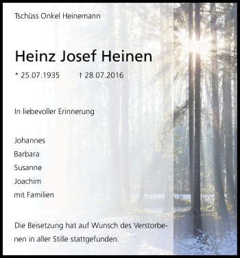 Anzeige von Heinz Josef Heinen von Kölner Stadt-Anzeiger / Kölnische Rundschau / Express