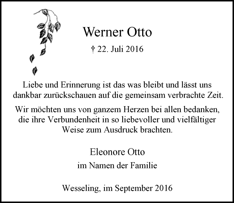  Traueranzeige für Werner Otto vom 07.09.2016 aus  Schlossbote/Werbekurier 