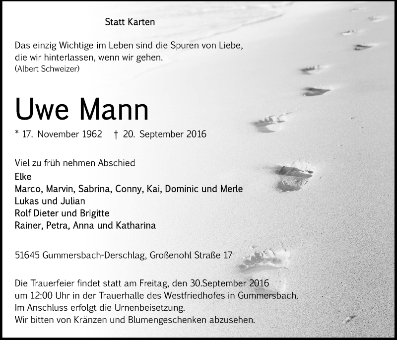  Traueranzeige für Uwe Mann vom 28.09.2016 aus  Anzeigen Echo 