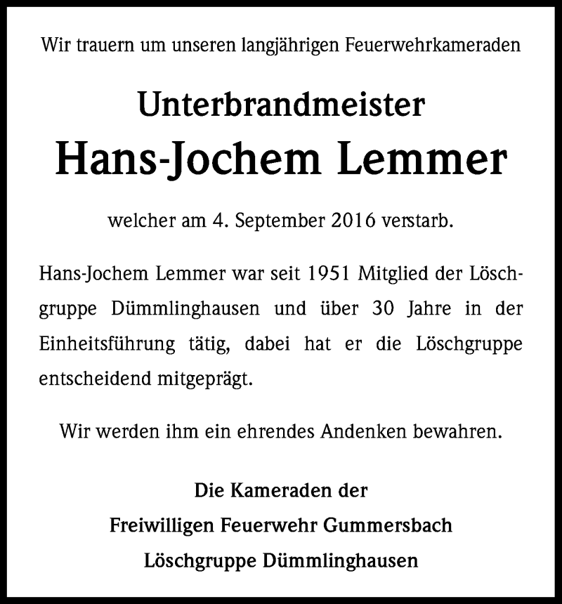  Traueranzeige für Hans-Jochem Lemmer vom 16.09.2016 aus Kölner Stadt-Anzeiger / Kölnische Rundschau / Express