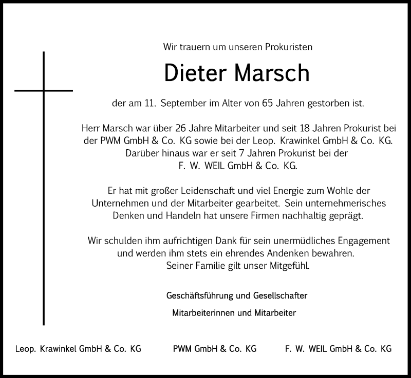  Traueranzeige für Dieter Marsch vom 14.09.2016 aus Kölner Stadt-Anzeiger / Kölnische Rundschau / Express