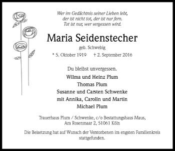Anzeige von Maria Seidenstecher von Kölner Stadt-Anzeiger / Kölnische Rundschau / Express