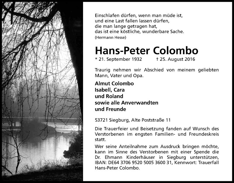  Traueranzeige für Hans-Peter Colombo vom 17.09.2016 aus Kölner Stadt-Anzeiger / Kölnische Rundschau / Express